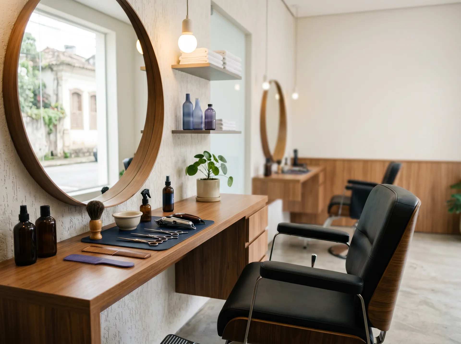 Estação de barbearia limpa e clara, com cadeira e espelho redondo