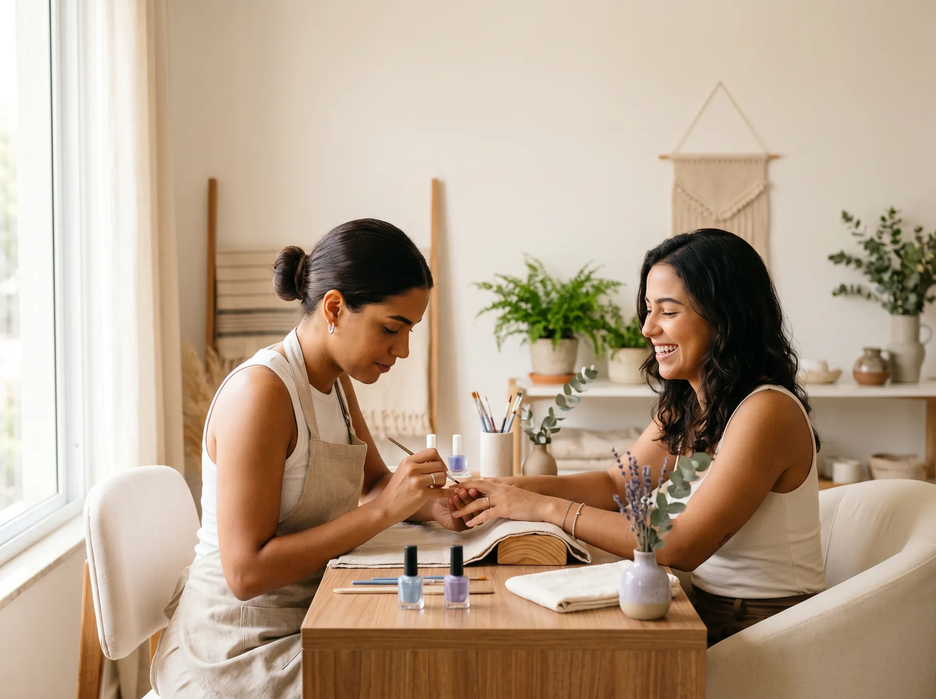 Manicure atendendo uma cliente em um studio aconchegante